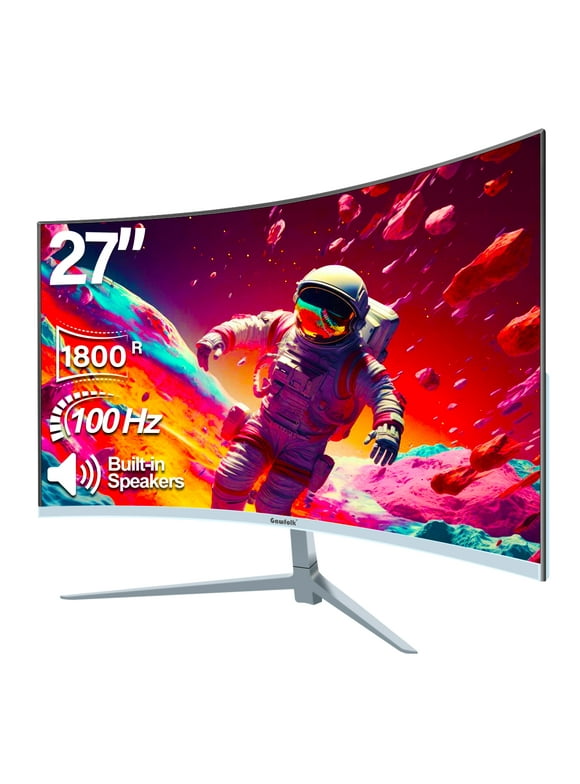 Gawfolk 27 inch Curved Monitor 100hz, PC White Computer Gaming Monitor FHD 1080P, 1800R, Frameless, Built-in Speakers