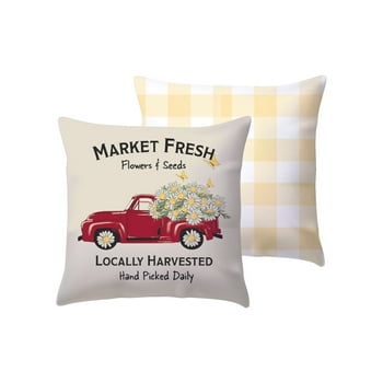 Mainstays Market Fresh Red Flower Truck Reversible Outdoor Throw Pillow, 16", Beige Novelty and Plaid