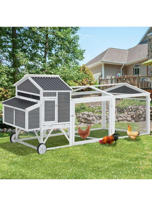 YODOLLA 95" Chicken Coop with Wheels, Poultry Cage Wooden Chicken Hutch Tractor with Run, Nesting Boxes, Ramps, Removable Tray