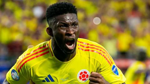 Colombia's Jefferson Lerma celebrates scoring a goal against Uruguay