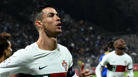 Cristiano Ronaldo celebrates scoring for Portugal