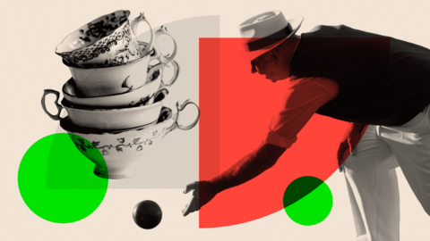 Composite image of stacked tea cups and a man in a sun hat bowling a ball.