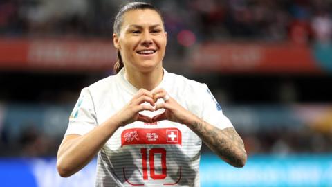 Ramona Bachmann celebrates scoring penalty against Philippines