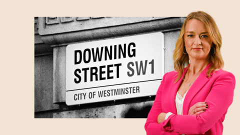 A composite image of Laura Kuenssberg and a street sign that says Downing Street
