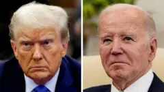 Colagem de fotos de Donald Trump e Joe Biden lado a lado