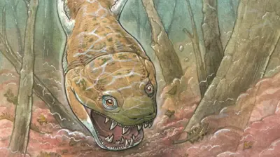 Una representación artística de la criatura parecida a una salamandra del período Pérmico, Gaiasia jennyae