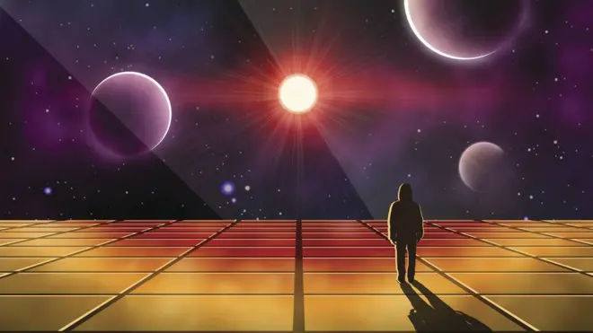 Ilustração de pessoa observando o sol e os planetas