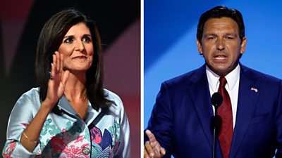 Nikki Haley and Ron DeSantis at Republican convention stage