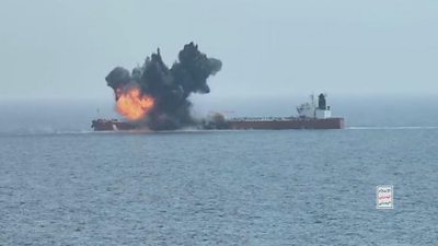 An oil tanker exploding in the sea