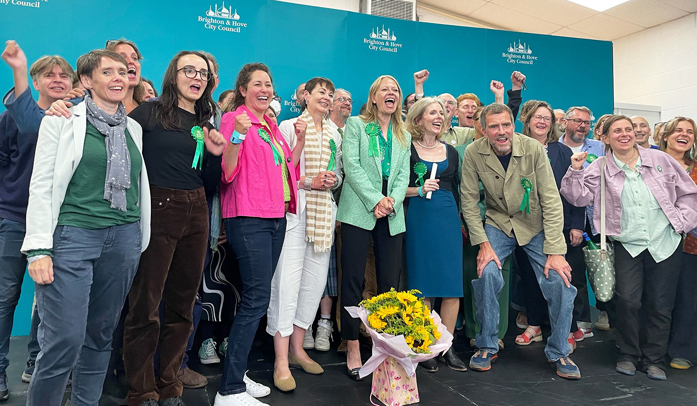 Sian Berry and Green Party supporters celebrate after winning Brighton Pavilion - 4 July 2024