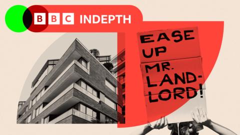 Montage showing a protest against rent rises with a demonstrator holding up a banner that reads "Ease up Mr. Land-lord!" alongside an image of a modern apartment block