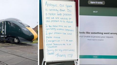 A train, a notice board and a picture of a computer screen