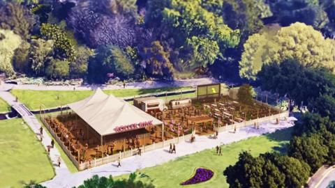 A CGI image of the proposed plans for the roller park. A tent can be seen alongside a bar, food trucks and a big screen.