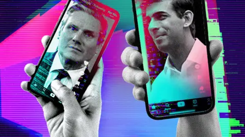 A graphic showing two hands holding phones with TikTok videos of Keir Starmer and Rishi Sunak, on a background with the BBC's election logo