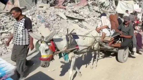 Donkey and cart in front of rubble