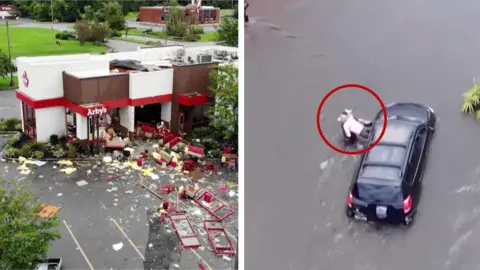 Restaurant destroyed in South Carolina and person rescued from a stranded vehicle in Florida after Storm Debby hit southern US