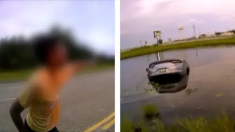 Split screen image of boy with blurred face and car submerged into a pond