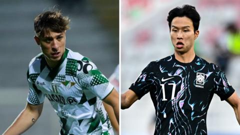 Goncalo Franco playing for Moreirense and Eom Ji-Sung in action for South Korea Under-23s