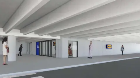 A CGI image of a white office with the Ikea logo on the side of it. The office is built in what is currently a multi-storey car park.