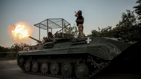 Ukraine tank firing at Russia positions in Donetsk region in Ukraine. 