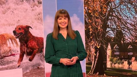 Alexis Green stands in the BBC South studio in front of a screen showing the pictures of the day, which include one of a golden retriever dog running in the waves on the beach and a tree in a village courtyard. Alexis smiles at the camera, with long brown hair and wearing a forest green long sleeved dress