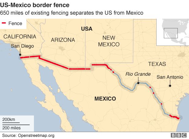 Map showing where there is already a fence between the US and Mexico border