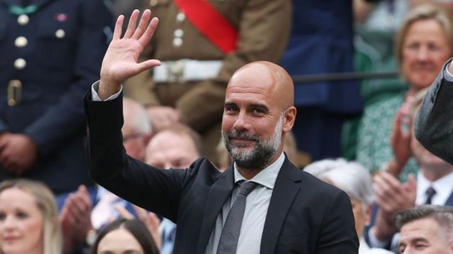 Manchester City manager Pep Guardiola in the Royal Box on Centre Court during day six of The Championships Wimbledon 2024 at All England Lawn Tennis and Croquet Club on July 6, 2024