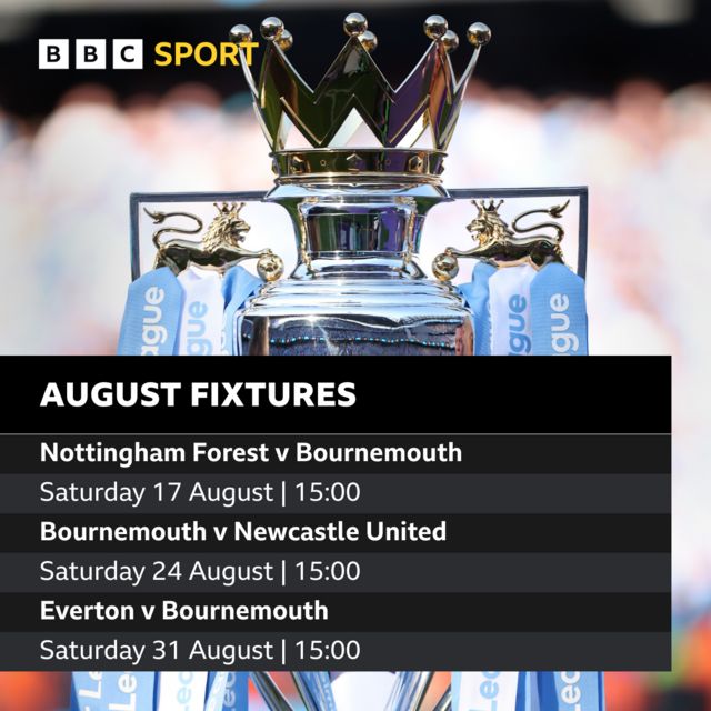 Bournemouth's August fixtures in the 2024-25 Premier League season: Nottingham Forest v Bournemouth, Bournemouth v Newcastle United, Everton v Bournemouth