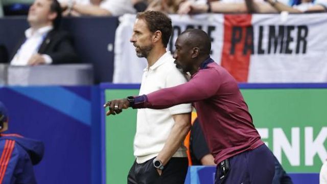 England coach Gareth Southgate and Jimmy Floyd Hasselbaink during the Euro 2024 match between England and Slovakia Gelsenkirchen