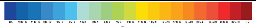 Key showing colour scale from dark blue at -22C up to dark red at 41C