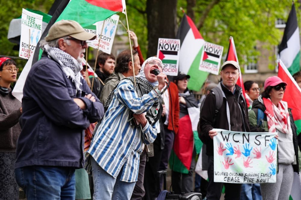 Pro-Palestinian protesters outside Bute House, the official residence of the First Minister of Scotland, in Edinburgh, ahead of the meeting of Prime Minister Sir Keir Starmer and John Swinney 