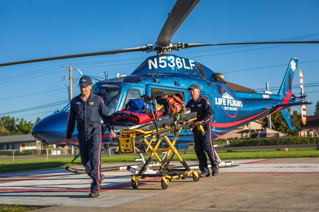 Life flight helicopter and medical workers