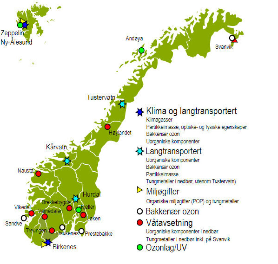 Her er alle bakgrunnsstasjonene som inngår i det totale overvåkningsprogrammet. Vatnedalen er fortsatt med.