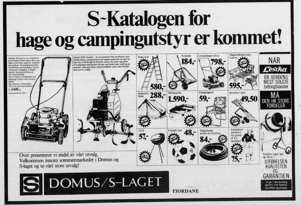 Annonse for diverse hageutstyr fra 1978. Den har teksten: «S-Katalogen for hage og campingutstyr er kommet!»