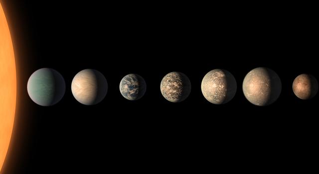 Illustration of the star TRAPPIST-1 and the seven rocky planets known to orbit it.