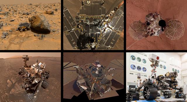 Collage of rovers and landers on Mars and the Perseverance rover in the cleanroom at JPL