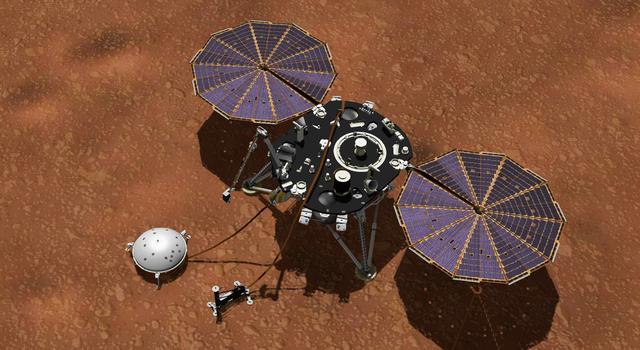 An artist's rendering of the InSight lander on Mars