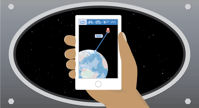 Graphic of a hand holding a smartphone with an image of a straight line drawn between Earth and Mars and different options for modes of travel.