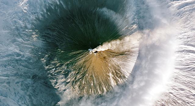 Satellite image of the Shiveluch volcano erupting.