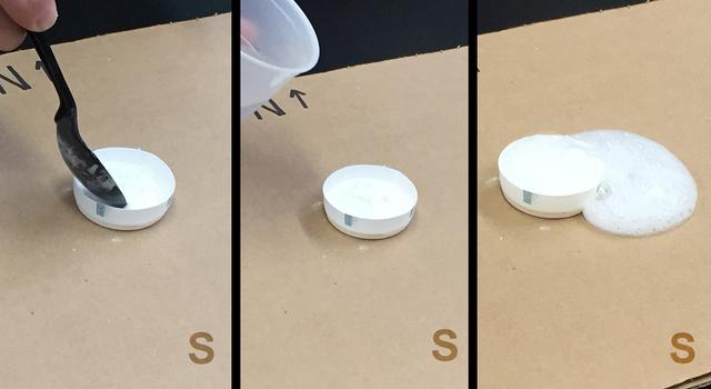 Collage of images showing baking soda being poured into the cup, then vinegar, then a small foamy eruption