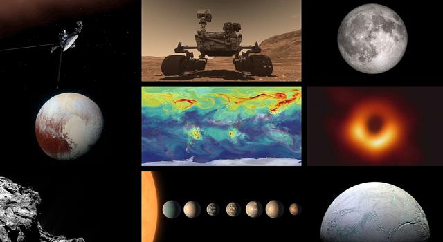 Collage of images and illustrations of planets, spacecraft and space objects