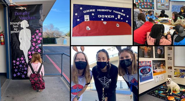 Scenes from Jackie Prosser's fourth-grade classroom including a door poster commemorating Dorothy Vaughan, a poster with the words Dare Mighty Things glued to it, a yellow lab surrounded by NASA posters, and Miss Prosser with two other teachers all wearin