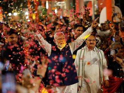 Narendra Modi, durante la celebración de sus resultados electorales, el martes en Nueva Delhi.