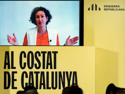 La secretaria general de ERC, Marta Rovira, participa por videoconferencia en un acto de la campaña electoral, el pasado 29 de abril.