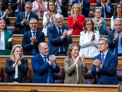 La bancada de PP y el propio Alberto Núñez Feijóo aplauden la intervención del dirigente popular, este miércoles.