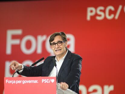 El líder del PSC y candidato del partido a la Presidencia de la Generalitat, Salvador Illa, este sábado, en un acto del PSC, en Barcelona.