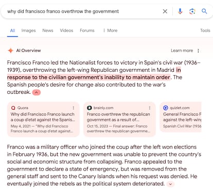 Búsqueda en Google de "por qué Francisco Franco derribó el Gobierno" respondida por los Resúmenes de IA.