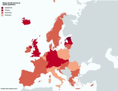 Mês em que o trabalho das mulheres começa a ser grátis, em comparação ao salário médio dos homens. Mapa do VERNE com dados cortesia do WeDoData/’Slate France’.