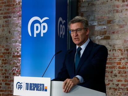 El líder del PP, Alberto Núñez Feijóo, este lunes durante la presentación del programa del PP para las elecciones europeas.