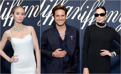 De izquierda a derecha, los actores Emily Blunt, Diego Boneta y Gal Gadot, en el evento de Tiffany en Los Ángeles, el 25 de abril de 2024.